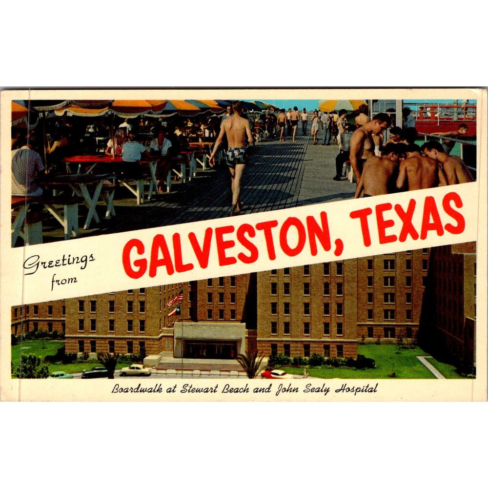 Greetings From Galveston Boardwalk At Stewart Beach TX Vintage Postcard SP17-24